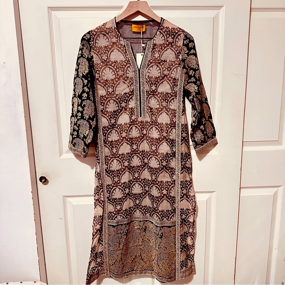 Sana Safinaz | Top | Beige, Black with Gold Block Printed Kurta